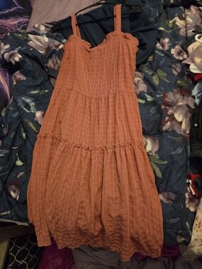 SHEIN Rust Orange Tiered Textured Midi Dress